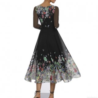 Women's Elegant Maxi Dress Vintage Floral Butterfly Print Round Neck Sheer Mesh Long Sleeve High Waist Big Swing Chiffon Dress for Party Daily