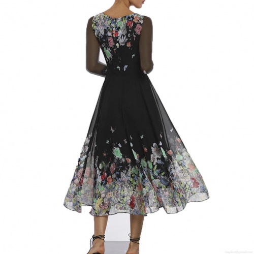 Women's Elegant Maxi Dress Vintage Floral Butterfly Print Round Neck Sheer Mesh Long Sleeve High Waist Big Swing Chiffon Dress for Party Daily