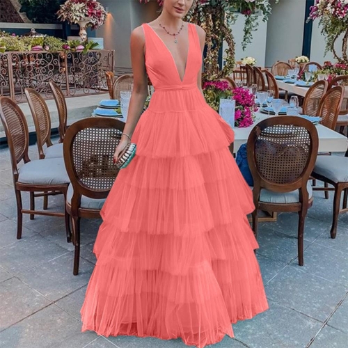 Women's Elegant Deep V-Neck Tiered Mesh Maxi Dress Sexy Sleeveless Sling Cake Gown For Evening Party Wedding Beach Summer Solid Color