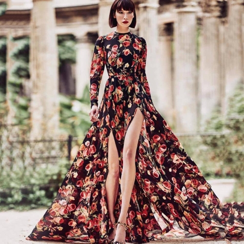Women's Floral Print Maxi Dress High Slit Long Sleeve Round Neck Chiffon Bohemian Beach Vacation Party Long Dresses With Gold Belt