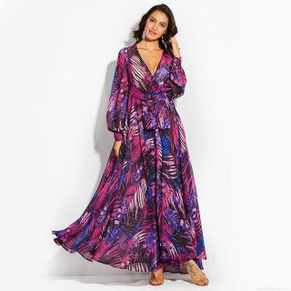 Women's Sexy V-Neck Lantern Sleeve Tropical Leaf Print Maxi Dress High Waist Tie-Up Large Swing Long Vacation Skirt Polyester Blend