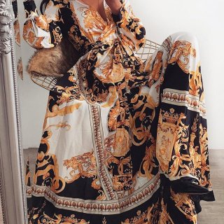 Women's Baroque Print V-Neck Long Sleeve Maxi Dress Elegant Gold Black White Satin Feel Split Evening Party Gown With Waist Tie