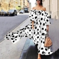 Women's Off Shoulder Polka Dot Maxi Dress Silk Cotton Blend Lantern Sleeve Bohemian Vacation Long Swing Dress Elegant Party Prom Dress