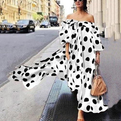 Women's Off Shoulder Polka Dot Maxi Dress Silk Cotton Blend Lantern Sleeve Bohemian Vacation Long Swing Dress Elegant Party Prom Dress