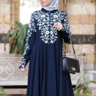 Women's Long Sleeve Floral Embroidery Abaya Maxi Dress Elegant Ethnic Style Stand Collar High Waist Polyester Dress For Muslim Women Party Daily Wear