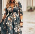 Bohemian Floral Print Maxi Dress For Women V Neck 3/4 Sleeve Buttons High Waist Flowy Long A-Line Dress Summer Vacation Elegant Beach Party Dress