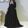 Women's Plus Size Deep V Neck Pleated Chiffon Maxi Dress Long Puff Sleeve High Waist Flowy A-line Swing Dress With Belt Solid Color Party Evening Gown