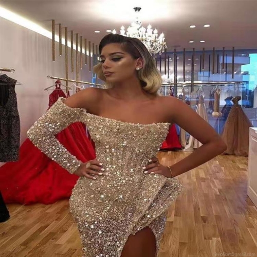 Women Sexy Off-Shoulder Sequin Maxi Evening Gown High Slit Long Sleeve Floor-Length Formal Party Dress Polyester Acetate Blend Shiny Banquet Dress
