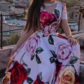 Women's Elegant 3D Rose Floral Print Maxi Dress V-Neck Beaded Patchwork Large Swing Chiffon Dress For Vacation Party Spring Summer