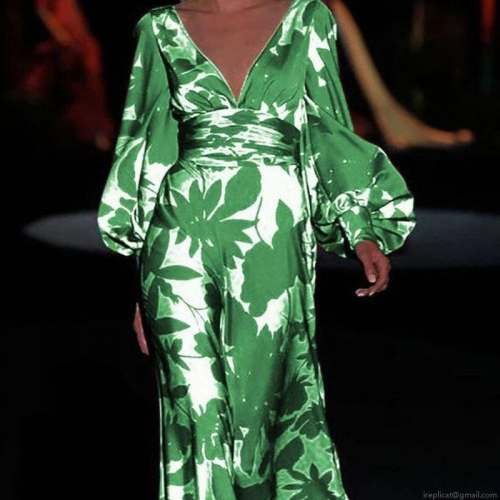 Women's Elegant Floral Print Maxi Dress Satin-Finish V-Neck Lantern Long Sleeve Waist-Cinching High-Waist Dress For Wedding Party Vacation