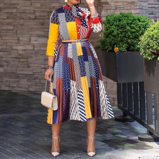 Women African Style Patchwork Maxi Dress Polyester Geometric Polka Dot Print Bow Tie Neck Long Sleeve Pleated Elegant Gown Dress With Belt