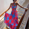 Women's Bohemian Maxi Dress Polyester Halter Backless Cut-out Floral Tie-Dye Print Sleeveless Vacation Party Long Dress