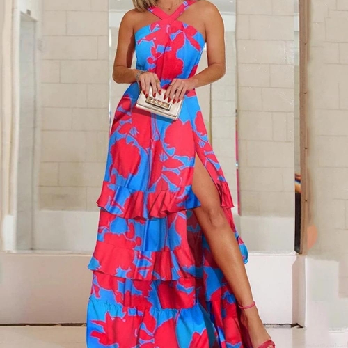Women's Bohemian Halter Maxi Dress Polyester Floral Print Sleeveless Backless High Slit Ruffle Cake Skirt For Beach Party Vacation Elegant Summer Dress