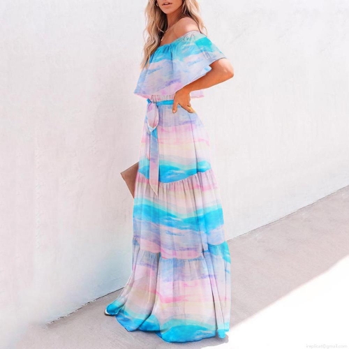 Women's Off-Shoulder Maxi Dress Polyester Chiffon Blend Floral Print Gradient Color Tiered Ruffle Hem Waist Tie Bohemian Elegant Long Dress For Summer Beach Vacation Party