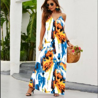 Women's V Neck Spaghetti Strap Floral Print Maxi Dress Boho Summer Beach Sleeveless High Waist Long Sundress Polyester Spandex Blend Big Swing Dress