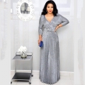 Women Elegant Glitter Bronzing Maxi Dress V-Neck Long Sleeve Pleated Large Swing Evening Party Dress With Belt Formal Wedding Guest Dress