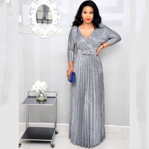 Women Elegant Glitter Bronzing Maxi Dress V-Neck Long Sleeve Pleated Large Swing Evening Party Dress With Belt Formal Wedding Guest Dress