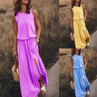 Women's Sleeveless Round Neck Maxi Dress Casual Solid Color Side Slit Long Dress Summer Vacation Beach Party Wear Fashion Comfortable Polyester Gown