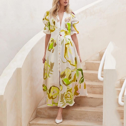 Women's V Neck Puff Sleeve Floral Maxi Dress Polyester Abstract Print High Waist Button Front A-Line Long Beach Vacation Dresses