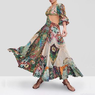 Women's Bohemian Floral Print Maxi Dress V Neck Cut Out Waist Elegant Long Sleeve Cami Holiday Beach Party Dress For Women