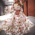 Women Floral Print Maxi Dress Chiffon Long Sleeve Big Hem Bohemian Vacation A-Line Slim Dress With Belt And Waist Bag Elegant Party Gown