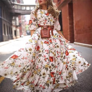 Women Floral Print Maxi Dress Chiffon Long Sleeve Big Hem Bohemian Vacation A-Line Slim Dress With Belt And Waist Bag Elegant Party Gown