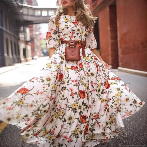 Women Floral Print Maxi Dress Chiffon Long Sleeve Big Hem Bohemian Vacation A-Line Slim Dress With Belt And Waist Bag Elegant Party Gown