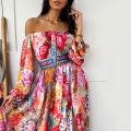 Women's Off-Shoulder Long Sleeve Floral Maxi Dress Elegant Baroque Style Polyester High Slit Large Swing Party Vacation Evening Long Dress