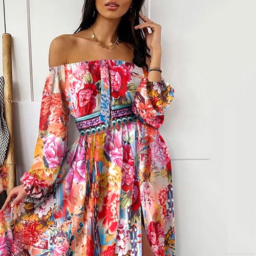Women's Off-Shoulder Long Sleeve Floral Maxi Dress Elegant Baroque Style Polyester High Slit Large Swing Party Vacation Evening Long Dress