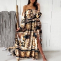 Women's Sexy Off The Shoulder Long Sleeve Maxi Dress Baroque Floral Print High Slit Elegant Bohemian Party Evening Gown Polyester Dress