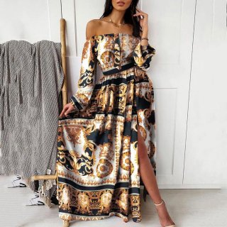 Women's Sexy Off The Shoulder Long Sleeve Maxi Dress Baroque Floral Print High Slit Elegant Bohemian Party Evening Gown Polyester Dress