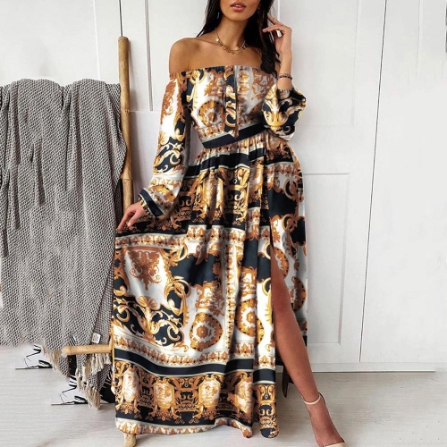 Women's Sexy Off The Shoulder Long Sleeve Maxi Dress Baroque Floral Print High Slit Elegant Bohemian Party Evening Gown Polyester Dress