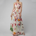 Women Halter Neck Hollow Out Maxi Dress Polyester Floral Print Backless Big Swing Beach Dress Metal Ring Decoration Elegant Summer Vacation Sundress