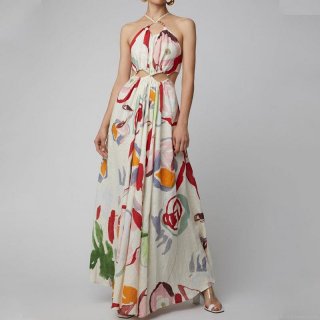 Women Halter Neck Hollow Out Maxi Dress Polyester Floral Print Backless Big Swing Beach Dress Metal Ring Decoration Elegant Summer Vacation Sundress