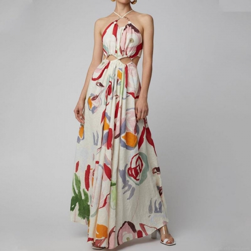 Women Halter Neck Hollow Out Maxi Dress Polyester Floral Print Backless Big Swing Beach Dress Metal Ring Decoration Elegant Summer Vacation Sundress