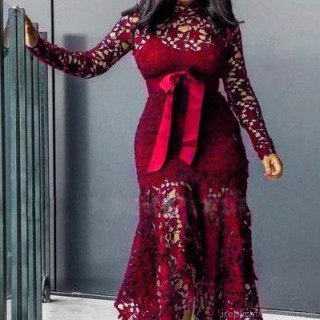 Women's Elegant Hollow Out Lace Maxi Dress Stand Collar Long Sleeve High Waist Tie Ribbon Irregular Fishtail Hem Evening Party Cocktail Gown Dress