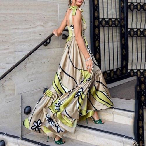 Women's Bohemian Floral Print Halter Maxi Dress Satin V-Neck Backless Irregular Large Swing Long Party Vacation Beach Dresses