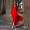 Women's Elegant Deep V Neck Long Sleeve Maxi Dress Satin Slit Flowy Party Evening Gown With Waist Tie For Wedding Vacation