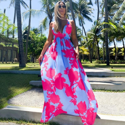 Women's Bohemian Floral Print V-Neck Sleeveless Maxi Dress Backless High Waist Polyester Vacation Long Dress For Maternity