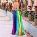 Women Sexy Deep V Neck Rainbow Gradient Chiffon Maxi Dress Backless Sleeveless High Waist Large Swing Long Dress For Summer Vacation Party