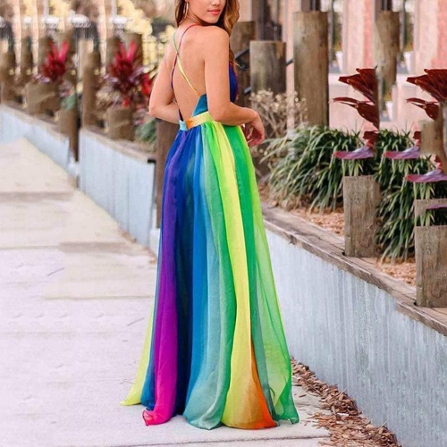Women Sexy Deep V Neck Rainbow Gradient Chiffon Maxi Dress Backless Sleeveless High Waist Large Swing Long Dress For Summer Vacation Party