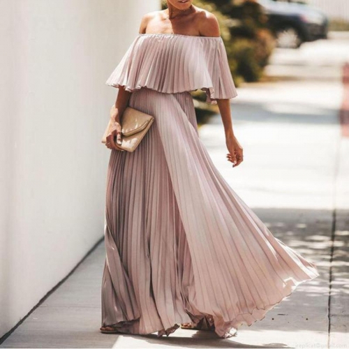 Elegant Off Shoulder Pleated Chiffon Maxi Dress For Women Solid Color Ruffle Evening Party Long Dresses Sexy Backless Vacation Beach Sundress