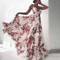 Women's V-Neck Floral Print Maxi Dress Backless Tie Strap Sleeveless Big Swing Beach Vacation Bohemian Long Dress For Women