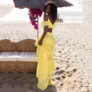Women Summer Beach Vacation Maxi Dress Gold Polka Dot Chiffon Ruffle Tiered Sleeveless Backless Elegant Party Long Dress Set