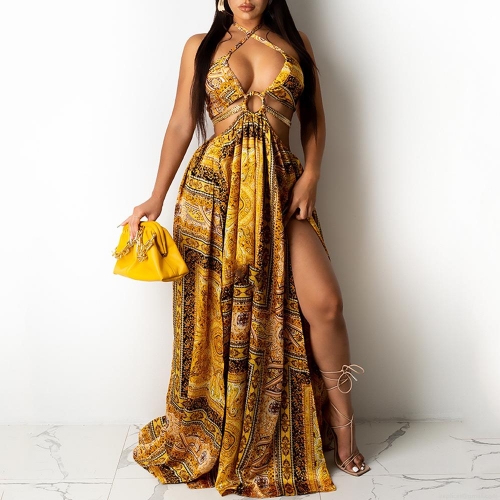 Women Halter Neck Maxi Dress Bohemian Paisley Print Backless High Slit Sexy Long Dress Summer Vacation Banquet Party Elegant Sexy Evening Dresses