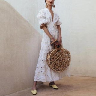 Women's Bohemian White Lace Maxi Dress Deep V-Neck Puff Sleeve Hollow Out Embroidery French Retro Summer Beach Vacation Party Long Dress