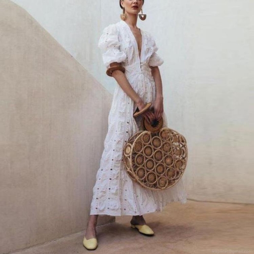 Women's Bohemian White Lace Maxi Dress Deep V-Neck Puff Sleeve Hollow Out Embroidery French Retro Summer Beach Vacation Party Long Dress