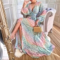 Women's Sexy Colorful Leopard Print Maxi Dress Deep V Neck Lantern Sleeve High Slit Bohemian Vacation Party Polyester Chiffon Long Dress