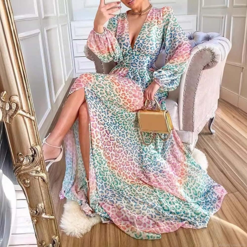 Women's Sexy Colorful Leopard Print Maxi Dress Deep V Neck Lantern Sleeve High Slit Bohemian Vacation Party Polyester Chiffon Long Dress