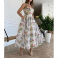 Women's Sexy Backless Floral Embroidery Maxi Dress Mesh Crossover Strap Slip Dress Green Velvet Ribbon A-Line Long Dress for Party Wedding Summer Vacation